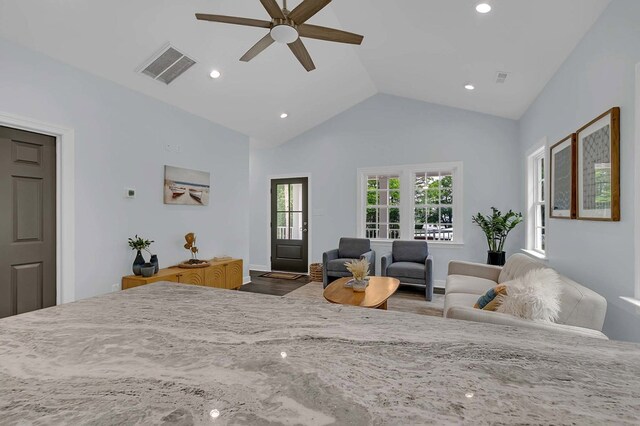 250 Pocahontas Ave, Deltaville, VA 23043 - bedroom with lofted ceiling, recessed lighting, wood finished floors, and a ceiling fan