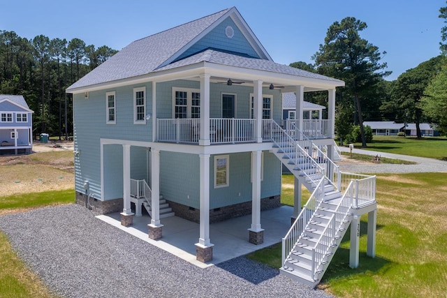 250 Pocahontas Ave, Deltaville, VA 23043 - back of property with crawl space, stairway, ceiling fan, a porch, and a shingled roof