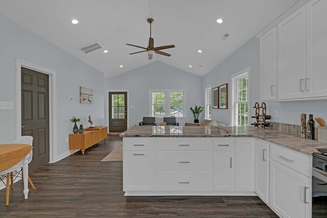 250 Pocahontas Ave, Deltaville, VA 23043 - kitchen featuring a peninsula, ceiling fan, light stone countertops, white cabinetry, and recessed lighting