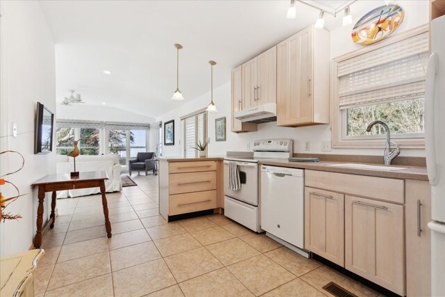 kitchen featuring under cabinet range hood, a healthy amount of sunlight, white appliances, and a sink