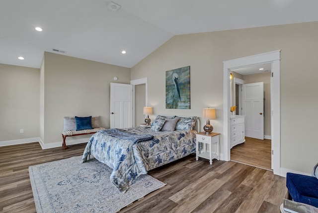 bedroom featuring recessed lighting, baseboards, wood finished floors, and lofted ceiling