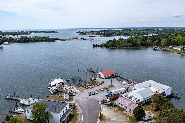 drone / aerial view featuring a water view
