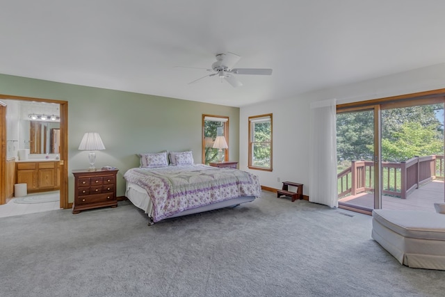 carpeted bedroom with ceiling fan, access to outside, and connected bathroom