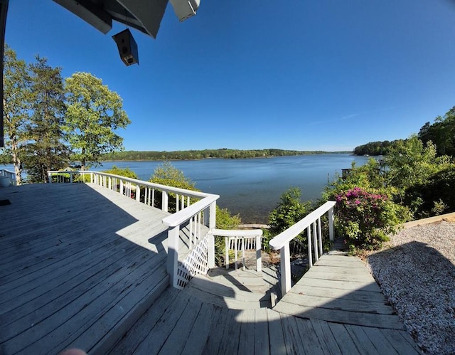 wooden terrace featuring a water view
