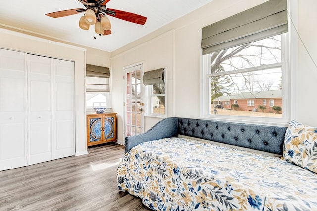 bedroom with a ceiling fan, a closet, crown molding, and wood finished floors