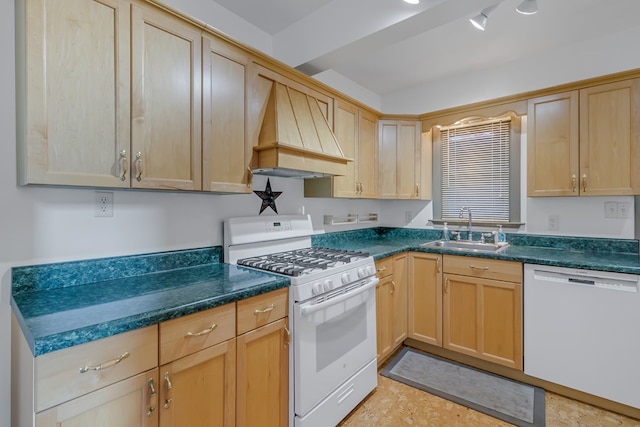 kitchen featuring custom range hood, white appliances, light brown cabinetry, and sink