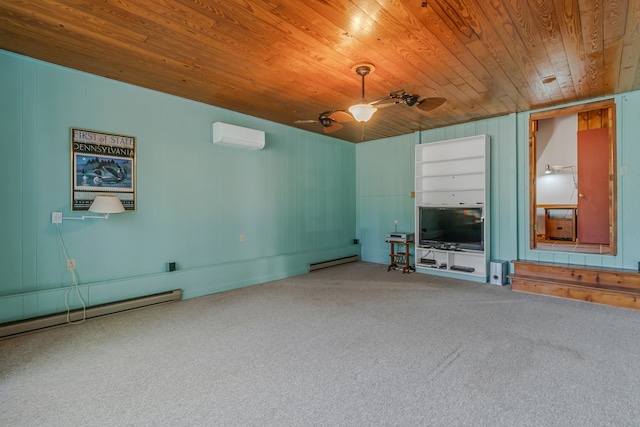 unfurnished living room featuring carpet, a baseboard heating unit, an AC wall unit, and wooden ceiling