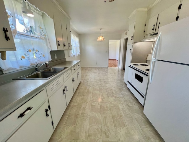 kitchen featuring sink, decorative light fixtures, white appliances, white cabinets, and ornamental molding