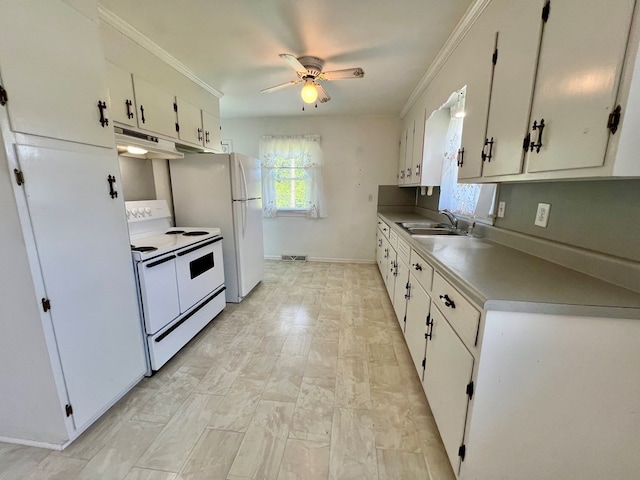 kitchen featuring electric stove, white cabinetry, sink, and ceiling fan