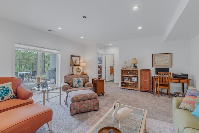 living room with light colored carpet