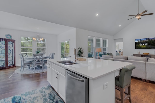 kitchen with sink, hardwood / wood-style flooring, white cabinetry, an island with sink, and stainless steel dishwasher