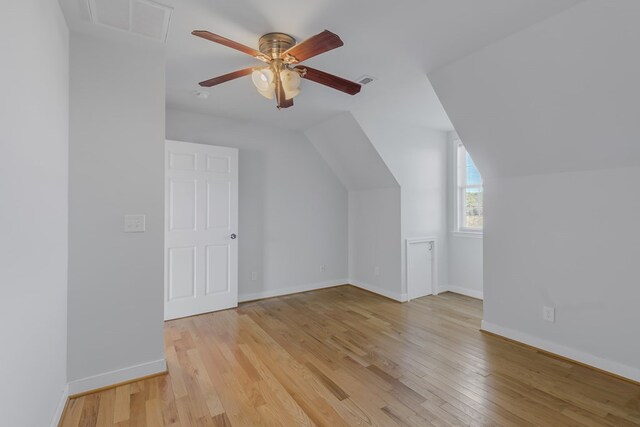 bonus room with lofted ceiling, ceiling fan, and light hardwood / wood-style floors