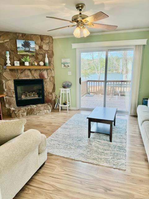 living area with ornamental molding, a wealth of natural light, and a stone fireplace