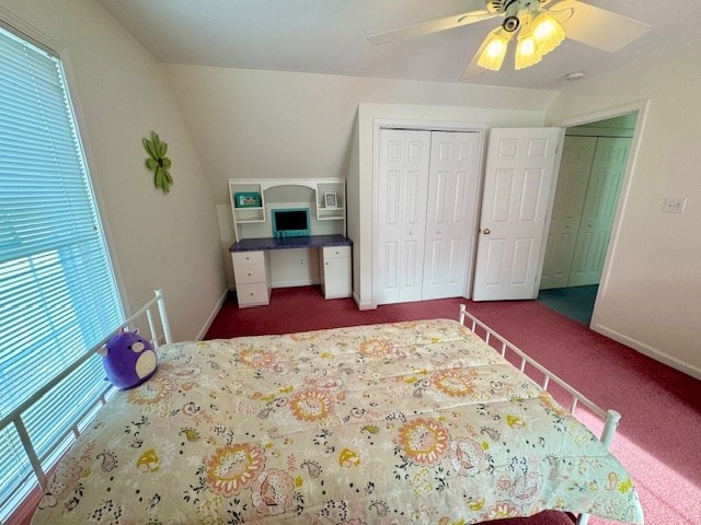 bedroom with carpet floors, a closet, ceiling fan, and baseboards