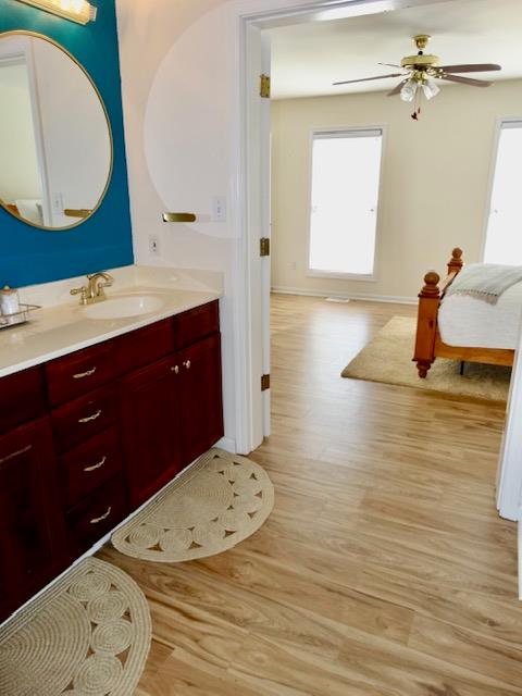 bathroom featuring ceiling fan, vanity, baseboards, and wood finished floors