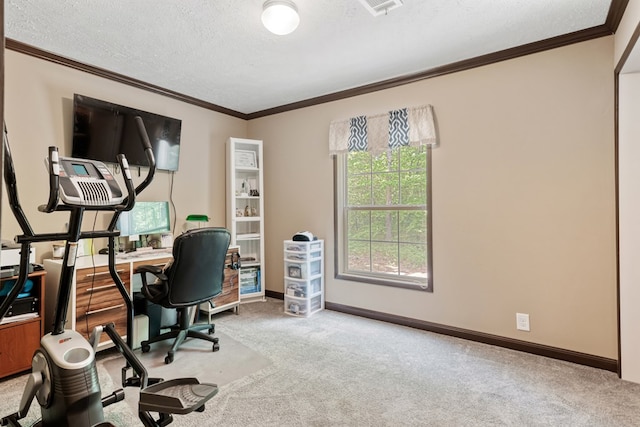 carpeted home office with baseboards, ornamental molding, a textured ceiling, and visible vents