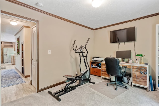 office with crown molding, a textured ceiling, and light colored carpet