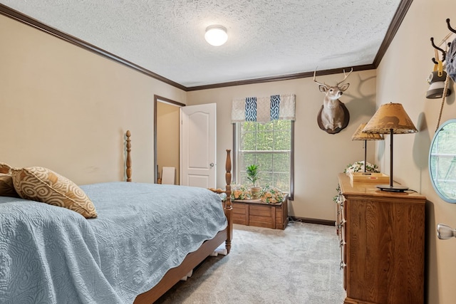 carpeted bedroom with crown molding, a textured ceiling, and baseboards
