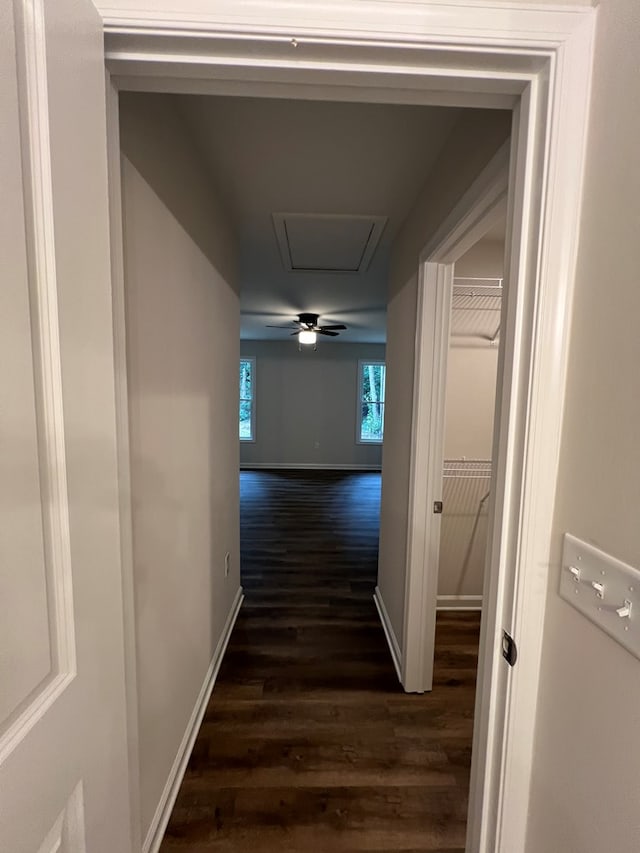 605 Shorewood Dr, Colonial Beach, VA 22443 - hallway with dark wood finished floors, baseboards, and attic access