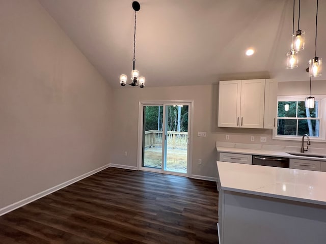 605 Shorewood Dr, Colonial Beach, VA 22443 - kitchen with a sink, lofted ceiling, healthy amount of natural light, dark wood-type flooring, and stainless steel dishwasher