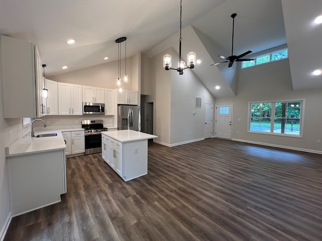 605 Shorewood Dr, Colonial Beach, VA 22443 - kitchen featuring appliances with stainless steel finishes, a sink, high vaulted ceiling, a ceiling fan, and open floor plan