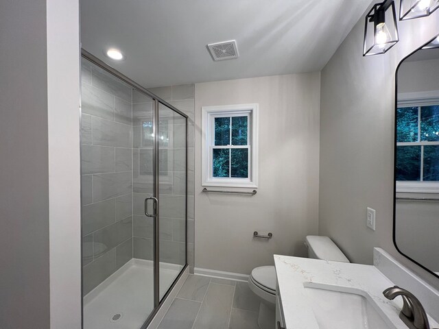 605 Shorewood Dr, Colonial Beach, VA 22443 - full bathroom with toilet, baseboards, a stall shower, vanity, and marble finish flooring
