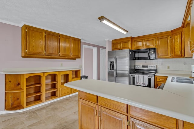 15 Surry St, Ophelia, VA 22473 - kitchen featuring stainless steel appliances, a peninsula, light countertops, crown molding, and backsplash
