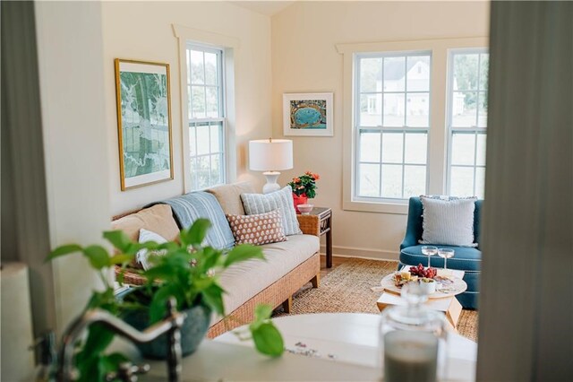 living area featuring a wealth of natural light and baseboards