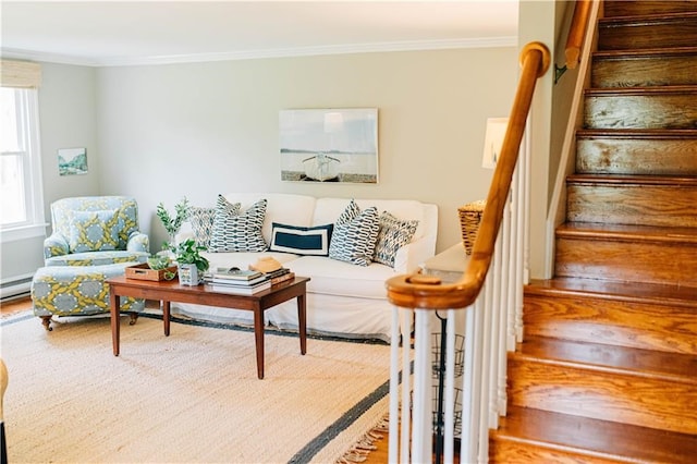 living area featuring crown molding, wood finished floors, and stairs