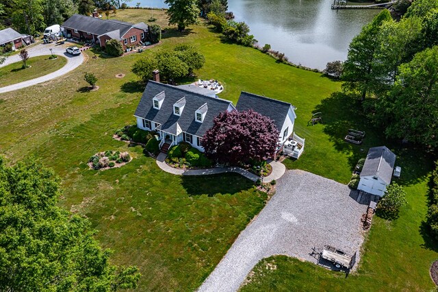 drone / aerial view with a water view