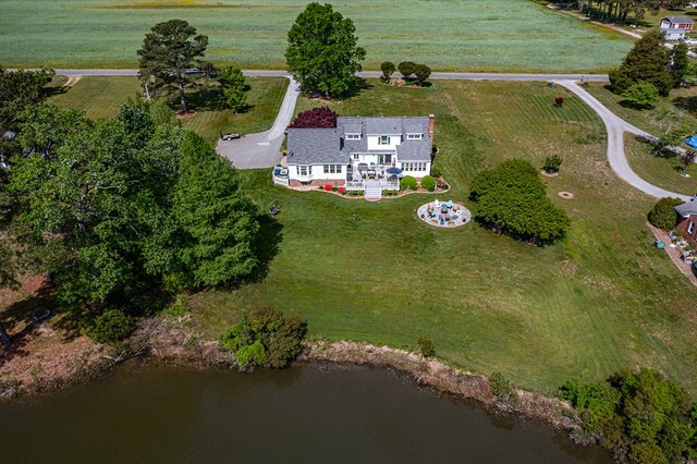 bird's eye view with a water view and a rural view