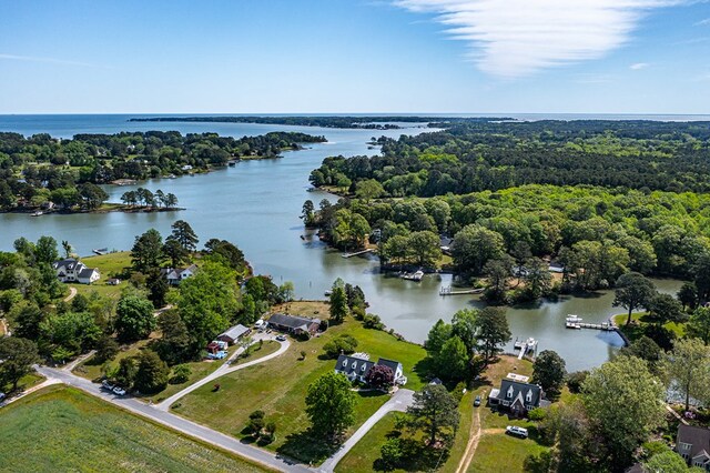 birds eye view of property featuring a water view and a view of trees