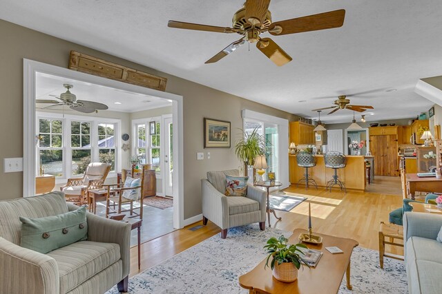 living room with baseboards, a ceiling fan, and light wood finished floors