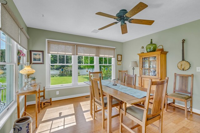 dining room featuring baseboards, a healthy amount of sunlight, and light wood finished floors