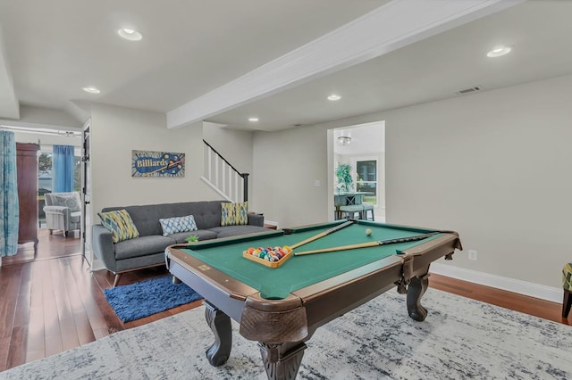 rec room featuring beam ceiling, dark wood-type flooring, and pool table