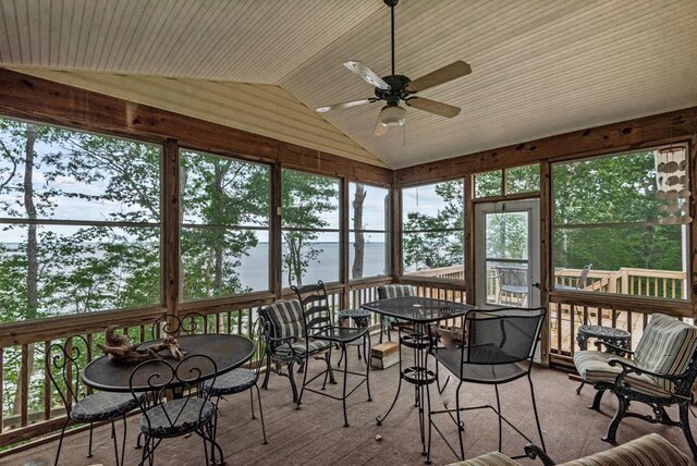 1753 N Independence Dr, Montross, VA 22520 - sunroom with a water view, a ceiling fan, vaulted ceiling, and outdoor dining area