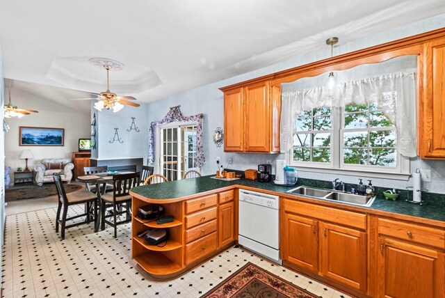 1753 N Independence Dr, Montross, VA 22520 - kitchen featuring dishwasher, a sink, dark countertops, open shelves, and brown cabinets