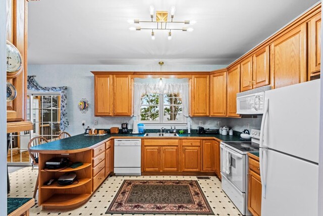 1753 N Independence Dr, Montross, VA 22520 - kitchen featuring white appliances, dark countertops, open shelves, a peninsula, and a chandelier