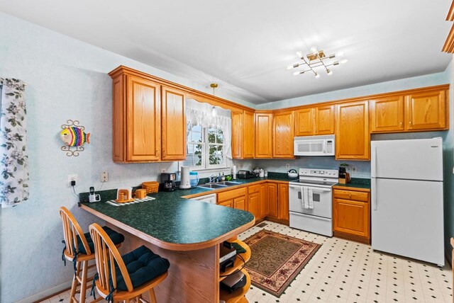 1753 N Independence Dr, Montross, VA 22520 - kitchen with white appliances, dark countertops, a sink, a peninsula, and brown cabinets