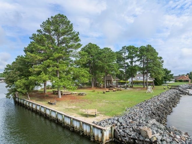 view of home's community with a water view and a lawn