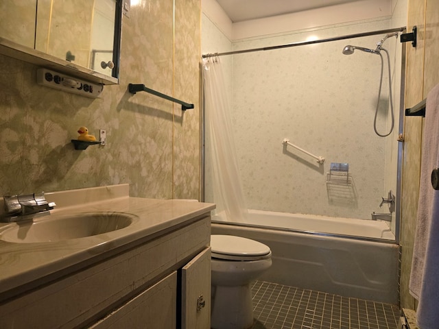 309 Riverview Dr, Heathsville, VA 22473 - bathroom with vanity, toilet, shower / bath combo with shower curtain, and tile patterned floors