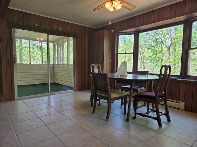 309 Riverview Dr, Heathsville, VA 22473 - dining room featuring crown molding, wooden walls, and ceiling fan