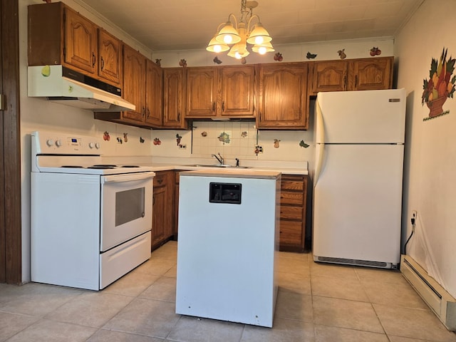 309 Riverview Dr, Heathsville, VA 22473 - kitchen with an inviting chandelier, a sink, a baseboard heating unit, white appliances, and under cabinet range hood