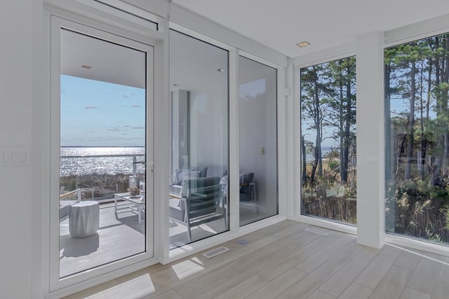 entryway with light wood-type flooring, a water view, expansive windows, and a healthy amount of sunlight