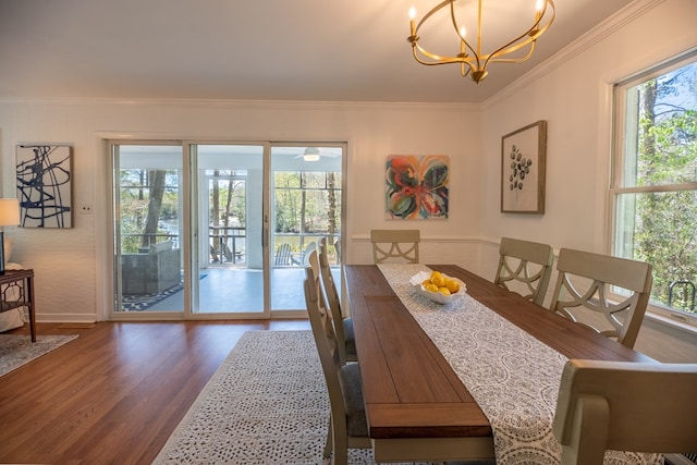 dining room with crown molding, plenty of natural light, and dark wood-type flooring