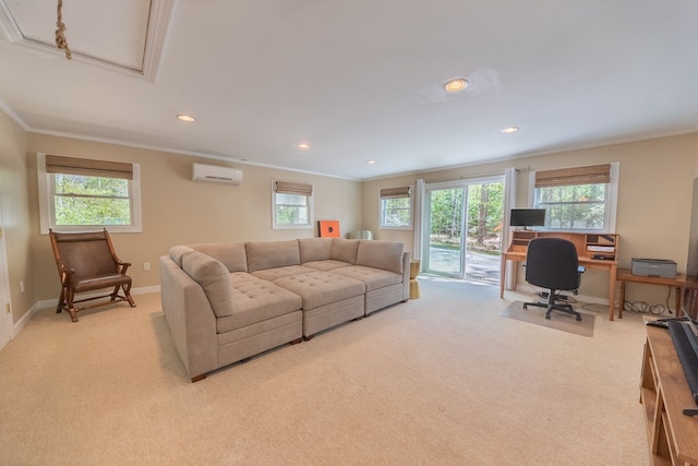 living room featuring crown molding, light carpet, and a wall mounted air conditioner