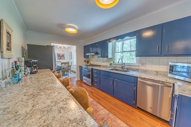 kitchen featuring appliances with stainless steel finishes, tasteful backsplash, blue cabinetry, sink, and light wood-type flooring