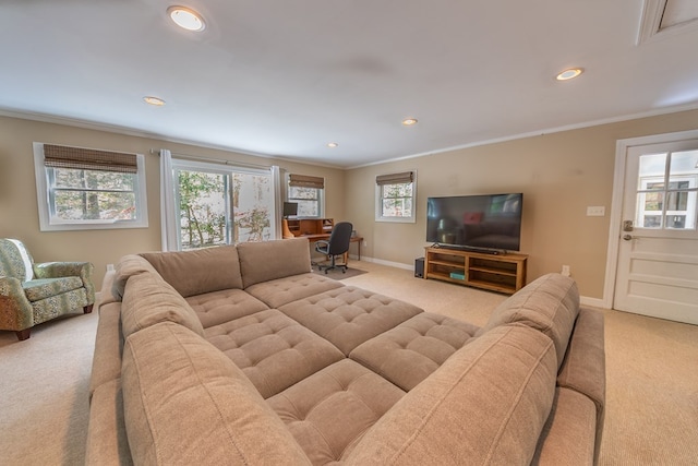 carpeted living room with ornamental molding