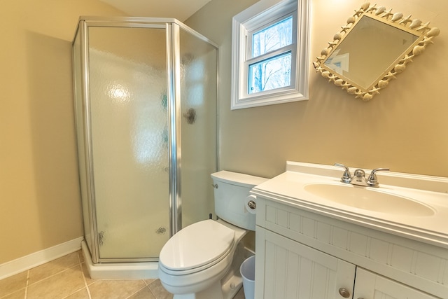 bathroom featuring vanity, toilet, tile patterned floors, and a shower with door