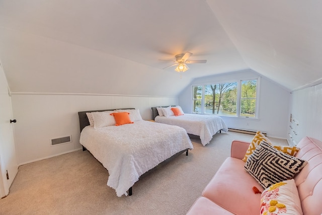 bedroom featuring ceiling fan, light colored carpet, vaulted ceiling, and a baseboard radiator